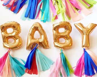 7in Foil Baby Cake Topper with Tassels - baby shower, gender reveal gold silver