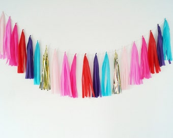 Valentine's Day tassel garland purple turquoise red hot pink bright pink light pink gold Galentine's Day