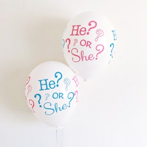 HE OR SHE 11 latex balloons baby shower gender reveal birth announcement blue pink silver imagem 1