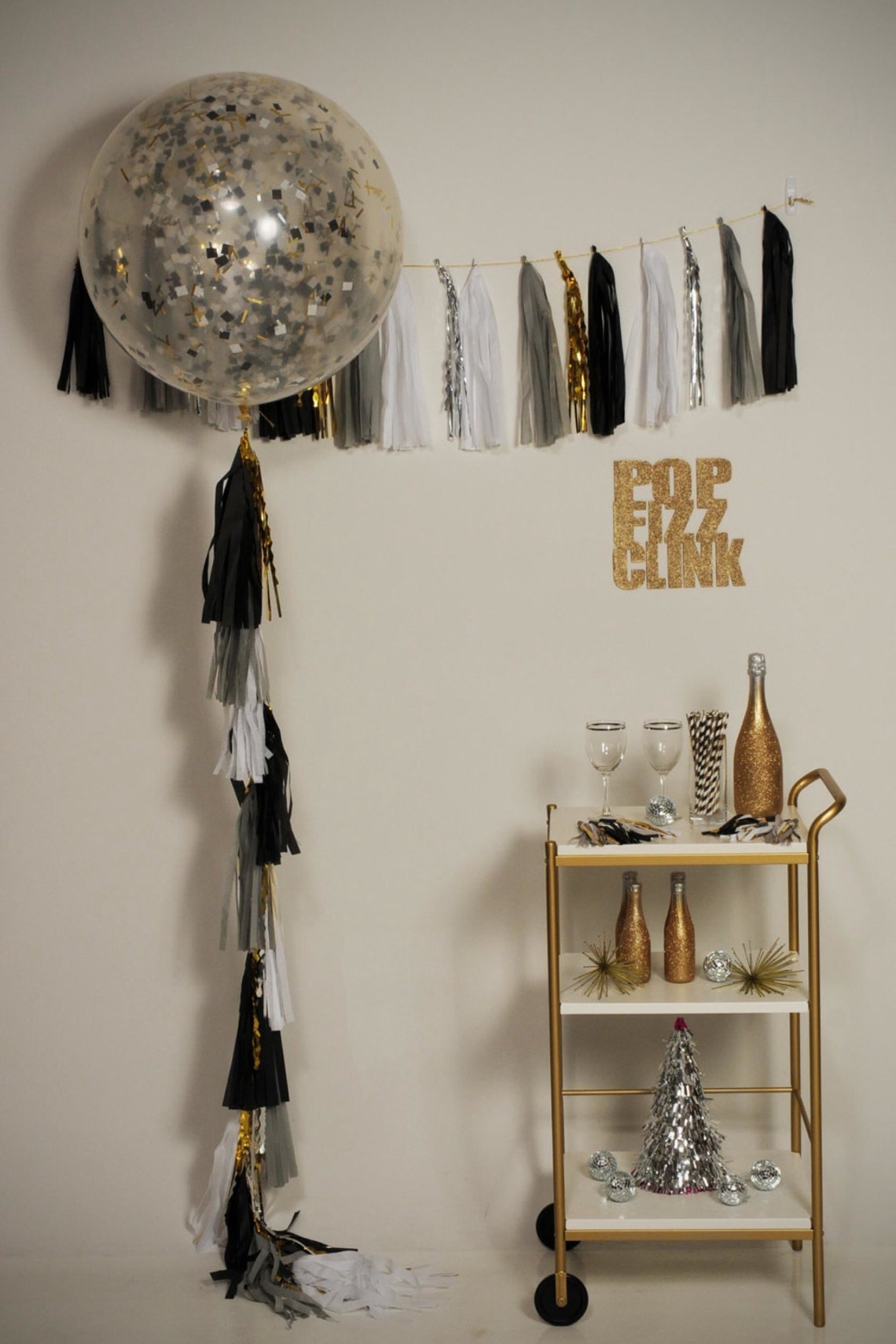 Confetti Clear Balloon and Tassel Garland Black White Gold Etsy