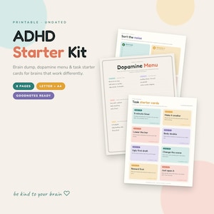 Puede incluir: Un kit de inicio para TDAH imprimible con ocho páginas de hojas de planificación sin fecha. Los documentos incluyen un menú de dopamina, tarjetas de inicio de tareas y listas con encabezados coloridos.