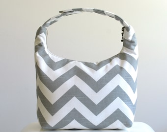 Gray Chevron Insulated Lunch Bag, Reusable Lunch Tote