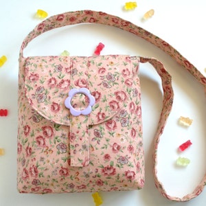 Girl Messenger Bag,Messenger Bag For Girls,Kids Cross Body Bag,Small Messenger Bag,Girl Crossbody Bag,Pink Roses with Purple Flower Buckle,