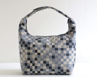 Handmade Insulated Lunch Bag, Black Gray Pixel Fabric, Reusable Lunch Tote