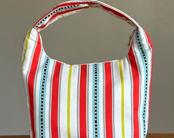 Insulated Lunch Bag, Red Blue Yellow Multi Stripes, Reusable Fabric