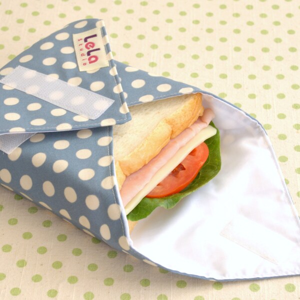 Reusable Sandwich Wrap, Reusable Fabric Lunch Wrap, Eco friendly Sandwich Wrap, Reusable Lunch Placemat, Dusty Blue/ White Polka Dot