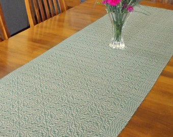 Green and Gold Table Runner, Hand Woven in Cotton and Orlec, Handwoven Table Runner, Dining Table Runner, Twill Diamonds Table Runner