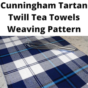 May include: Cunningham Tartan Twill Tea Towels Weaving Pattern. A blue and white plaid tea towel with a silver whisk on top.