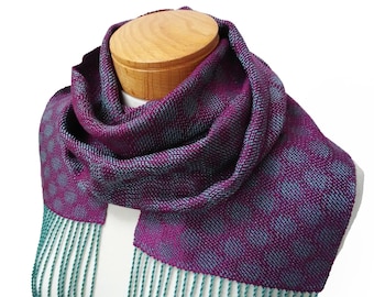 Red Violet and Teal Scarf, Hand Woven Tencel Scarf, Polka Dots Scarf, Teal and Purple Scarf, Handwoven Scarf, Circles Scarf