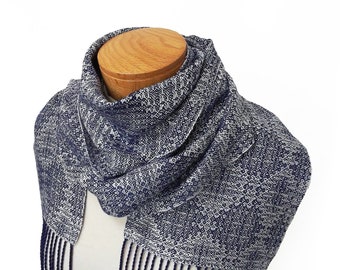 Blue and White Scarf, Hand Woven Scarf in Tencel, Snowflake Scarf, Ink Blue Scarf, Crackle Scarf, Handwoven Scarf, Eco Friendly Scarf