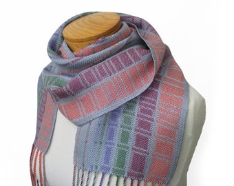 Silver Grey Striped Scarf, Handwoven Drall Scarf woven in Tencel, Grey with Pink, Plum, Green and Lavender Scarf, Hand Woven Scarf