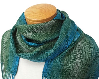 Green with Blue, Teal and Green Ombre Scarf, Hand Woven Scarf in Tencel, Blue Green Scarf, Handwoven Scarf Ocean Waves Motif