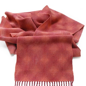 Coral and Plum Cotton Scarf, Hand Woven Scarf in Twill Diamonds Scarf, Handwoven Scarf, Coral Scarf Plum, Ladies Scarf, Lightweight Scarf image 2