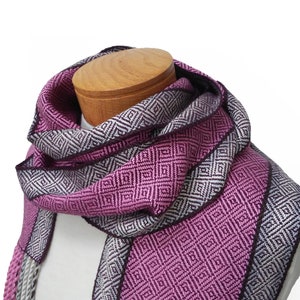 Purple and Pink Silk Scarf with Silver, Cream and Chocolate Stripes, Hand Woven Scarf in Silk and Tencel in Purple, Handwoven Scarf
