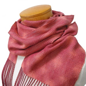 Coral and Plum Cotton Scarf, Hand Woven Scarf in Twill Diamonds Scarf, Handwoven Scarf, Coral Scarf Plum, Ladies Scarf, Lightweight Scarf image 1