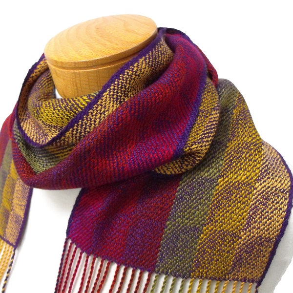 Striped Red, Green, Gold and Purple Scarf, Hand Woven Scarf, Tencel Scarf, Handwoven Scarf, Autumn Leaves Scarf, Gold Purple Green Red Scarf