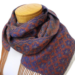 Iris Hand Woven Scarf, Blue Purple, Green and Orange Scarf Woven in Tencel, Flower Scarf, Blue Purple Scarf, Handwoven Scarf in Echo Weave image 1