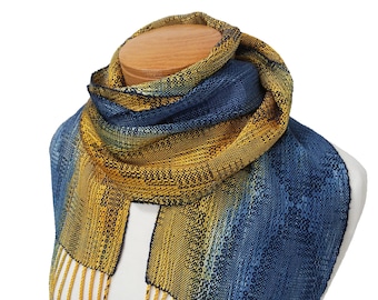 Hand Dyed Silk Scarf in Yellow and Blue, Handwoven Yellow and Blue Silk Scarf, Hand Woven Scarf, Blue and Yellow Silk Scarf in Crackle Weave