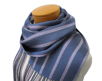 Striped Pink and Blue Scarf, Handwoven Scarf, Sugarcane and Tencel Scarf, Hand Woven Scarf, Blueberry Blue Scarf, Herringbone Twill Scarf