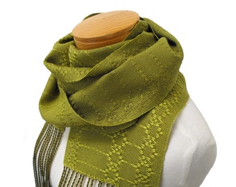 Cedar Green Scarf, Handwoven Scarf in Tencel, Chartreuse and Olive Green Scarf, Hand Woven Scarf Eco Friendly, Mens Scarf Man