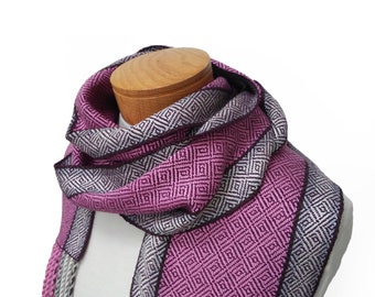 Purple and Pink Silk Scarf with Silver, Cream and Chocolate Stripes, Hand Woven Scarf in Silk and Tencel in Purple, Handwoven Scarf