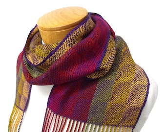 Striped Red, Green, Gold and Purple Scarf, Hand Woven Scarf, Tencel Scarf, Handwoven Scarf, Autumn Leaves Scarf, Gold Purple Green Red Scarf