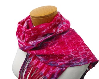 Pink and Purple Shibori Scarf, Handwoven Cotton Scarf, Hot Pink Scarf with Purple Edges, Hand Woven Scarf, Pink Shibori Scarf, Ladies Scarf