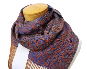 Iris Hand Woven Scarf, Blue Purple, Green and Orange Scarf Woven in Tencel, Flower Scarf, Blue Purple Scarf, Handwoven Scarf in Echo Weave