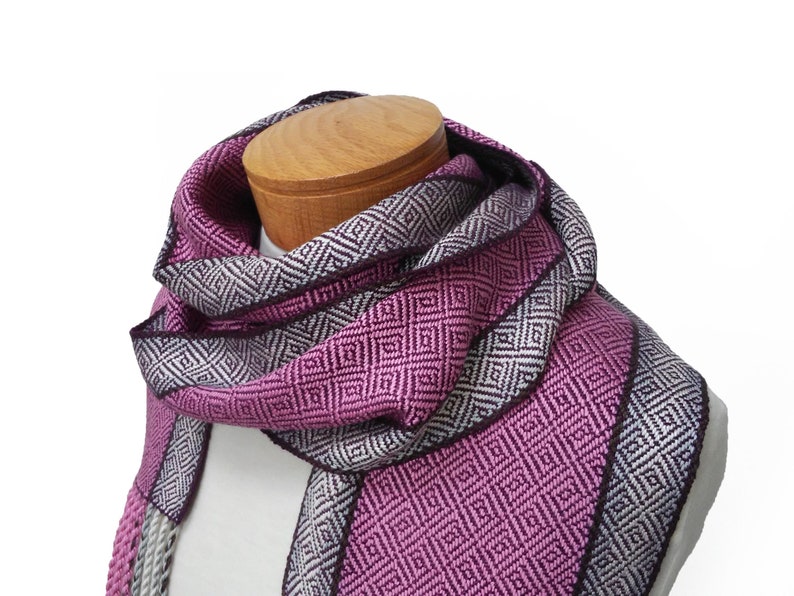Purple and Pink Silk Scarf with Silver, Cream and Chocolate Stripes, Hand Woven Scarf in Silk and Tencel in Purple, Handwoven Scarf image 1