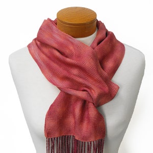 Coral and Plum Cotton Scarf, Hand Woven Scarf in Twill Diamonds Scarf, Handwoven Scarf, Coral Scarf Plum, Ladies Scarf, Lightweight Scarf image 3