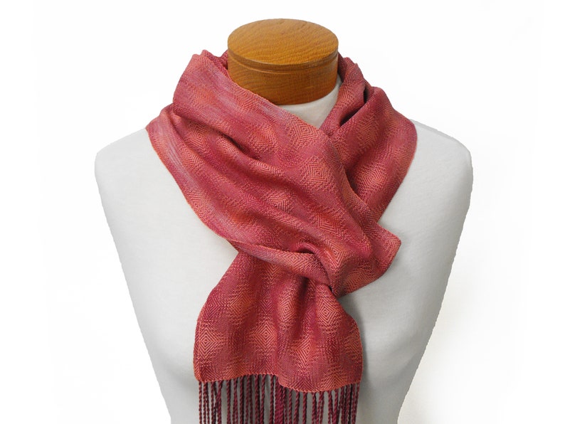 Coral and Plum Cotton Scarf, Hand Woven Scarf in Twill Diamonds Scarf, Handwoven Scarf, Coral Scarf Plum, Ladies Scarf, Lightweight Scarf image 3