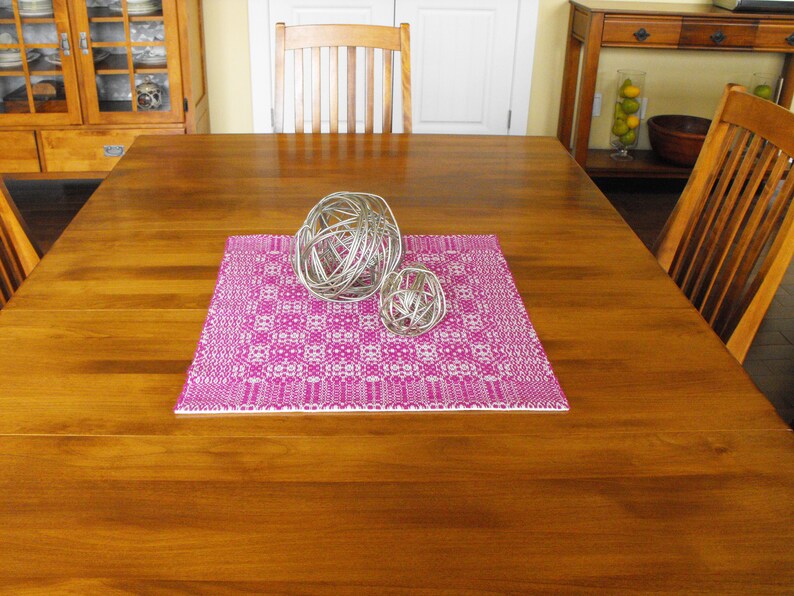 Magenta and White Table Runner Hand Woven Overshot Table Etsy