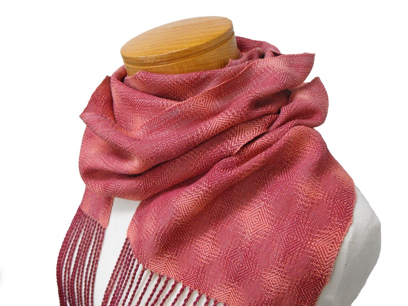 Coral and Plum Cotton Scarf, Hand Woven Scarf in Twill Diamonds Scarf, Handwoven Scarf, Coral Scarf Plum, Ladies Scarf, Lightweight Scarf image 1