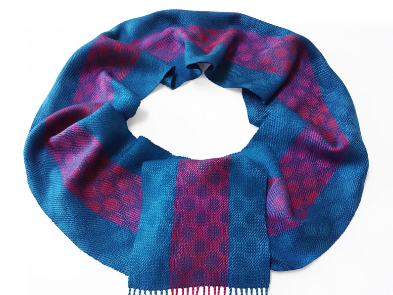 Pink, Orange and Blue Polka Dot Scarf, Hand Woven Tencel and Silk Scarf, Orange and Pink Silk with Blue Tencel Scarf, Handwoven Silk Scarf image 8