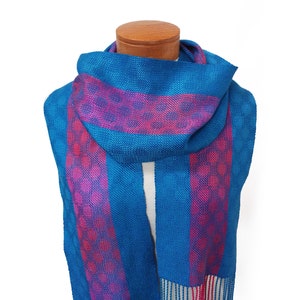 Pink, Orange and Blue Polka Dot Scarf, Hand Woven Tencel and Silk Scarf, Orange and Pink Silk with Blue Tencel Scarf, Handwoven Silk Scarf image 7