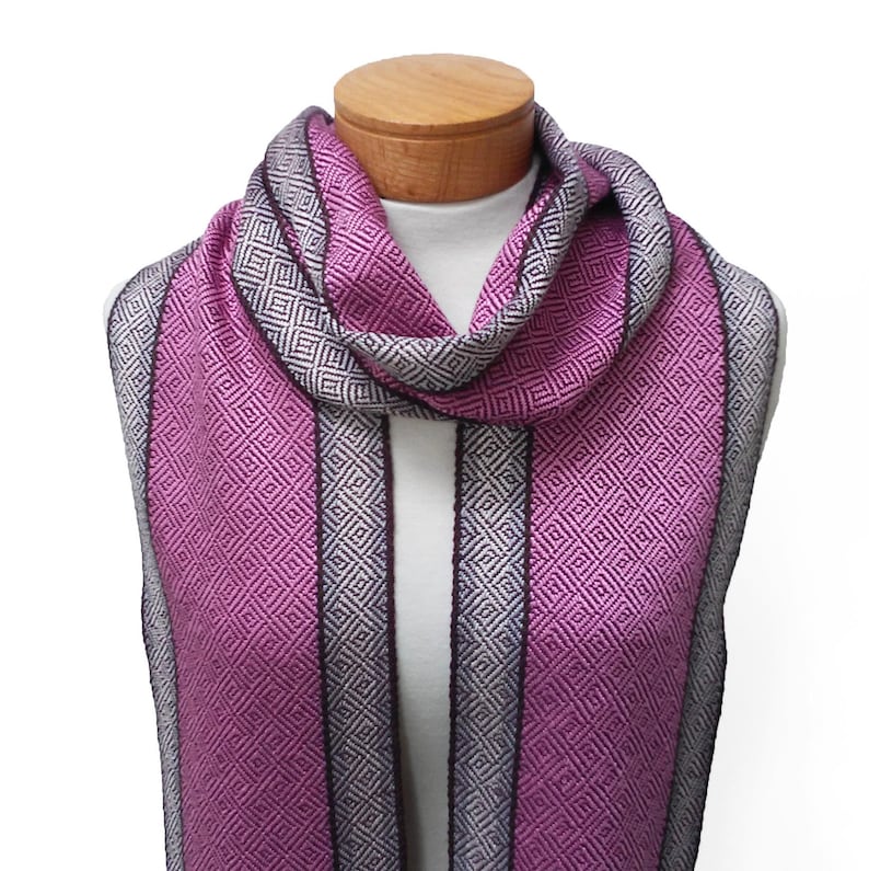 Purple and Pink Silk Scarf with Silver, Cream and Chocolate Stripes, Hand Woven Scarf in Silk and Tencel in Purple, Handwoven Scarf image 4