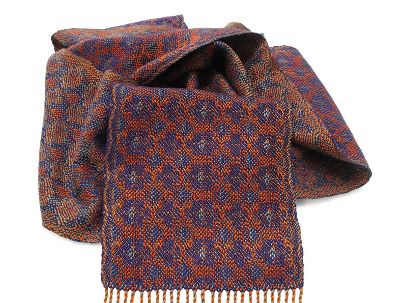 Iris Hand Woven Scarf, Blue Purple, Green and Orange Scarf Woven in Tencel, Flower Scarf, Blue Purple Scarf, Handwoven Scarf in Echo Weave image 2