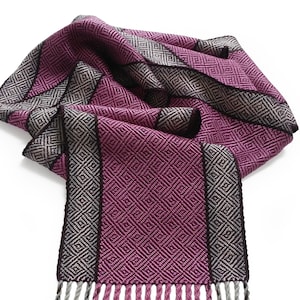 Purple and Pink Silk Scarf with Silver, Cream and Chocolate Stripes, Hand Woven Scarf in Silk and Tencel in Purple, Handwoven Scarf image 2