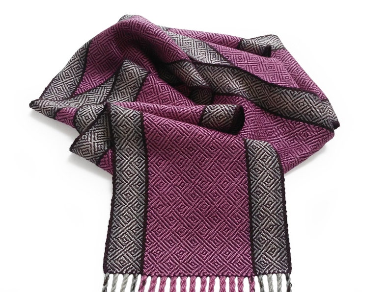Purple and Pink Silk Scarf with Silver, Cream and Chocolate Stripes, Hand Woven Scarf in Silk and Tencel in Purple, Handwoven Scarf image 2