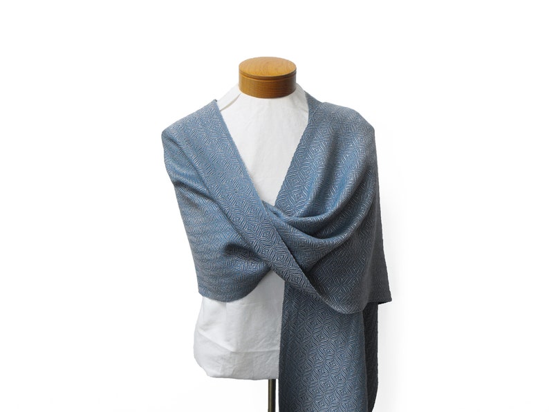 Silver and Blue Shawl, Handwoven Shawl, Blue and Silver Shawl, Cotton and Tencel Shawl Hand Woven Shawl Blue Wrap Silver, Blue Wedding Shawl image 1