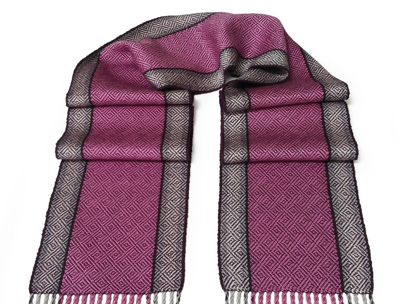 Purple and Pink Silk Scarf with Silver, Cream and Chocolate Stripes, Hand Woven Scarf in Silk and Tencel in Purple, Handwoven Scarf image 5