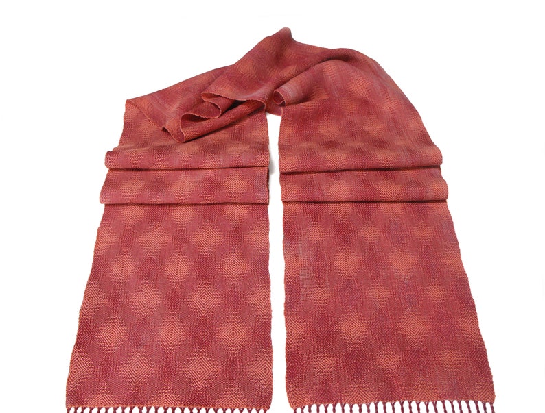 Coral and Plum Cotton Scarf, Hand Woven Scarf in Twill Diamonds Scarf, Handwoven Scarf, Coral Scarf Plum, Ladies Scarf, Lightweight Scarf image 4