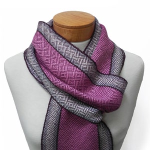 Purple and Pink Silk Scarf with Silver, Cream and Chocolate Stripes, Hand Woven Scarf in Silk and Tencel in Purple, Handwoven Scarf image 3