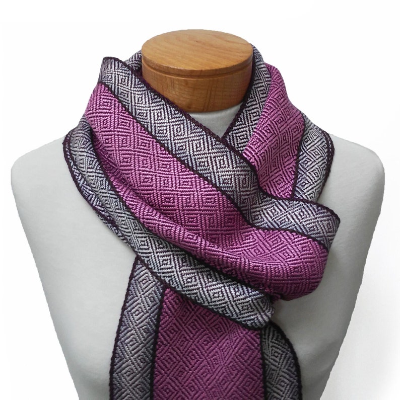 Purple and Pink Silk Scarf with Silver, Cream and Chocolate Stripes, Hand Woven Scarf in Silk and Tencel in Purple, Handwoven Scarf image 3