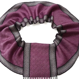 Purple and Pink Silk Scarf with Silver, Cream and Chocolate Stripes, Hand Woven Scarf in Silk and Tencel in Purple, Handwoven Scarf image 8