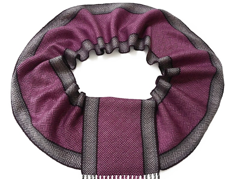 Purple and Pink Silk Scarf with Silver, Cream and Chocolate Stripes, Hand Woven Scarf in Silk and Tencel in Purple, Handwoven Scarf image 8