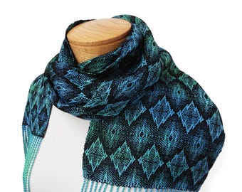 Green and Blue Hand Dyed Silk with Black Tencel Handwoven Scarf, Hand Woven in Twill Diamonds Design