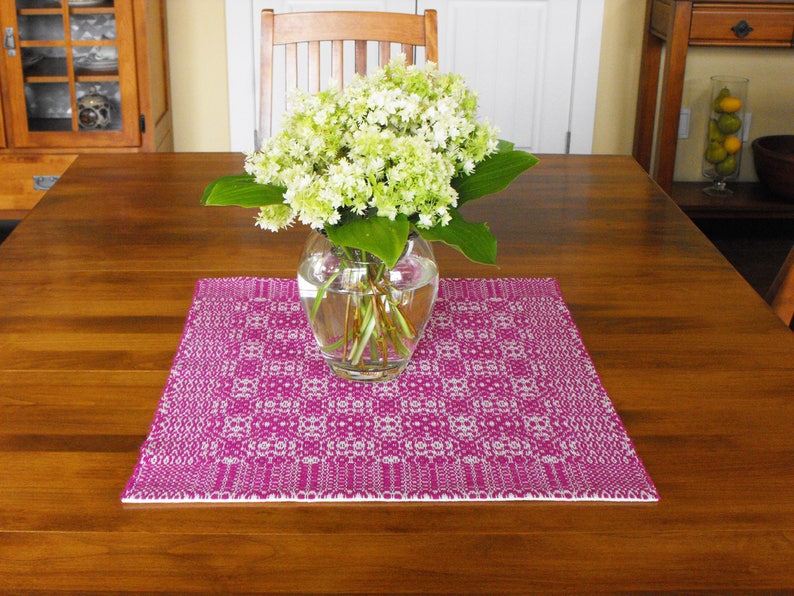 Magenta and White Table Runner Hand Woven Overshot Table Etsy