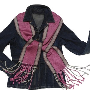 Purple and Pink Silk Scarf with Silver, Cream and Chocolate Stripes, Hand Woven Scarf in Silk and Tencel in Purple, Handwoven Scarf image 10
