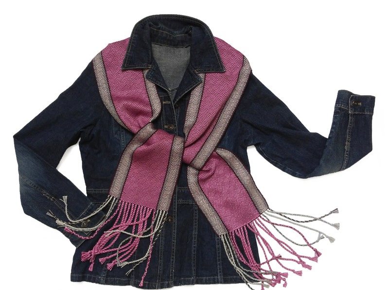 Purple and Pink Silk Scarf with Silver, Cream and Chocolate Stripes, Hand Woven Scarf in Silk and Tencel in Purple, Handwoven Scarf image 10